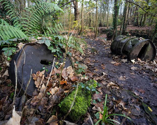 Barrels though to contain tar or bitumen dumped during the 1920s at Nightingale Valley in Bristol.