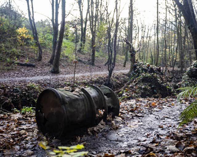 Barrels though to contain tar or bitumen dumped during the 1920s at Nightingale Valley in Bristol.