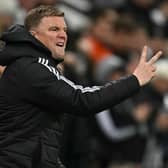 Newcastle United's English head coach Eddie Howe gestures on the touchline during the English Premier League football match between Newcastle United and West Ham United at St James' Park. (Photo by PAUL ELLIS/AFP via Getty Images)