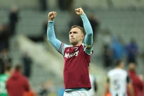 Jarrod Bowen of West Ham United celebrates victory following the Premier League match between Newcastle United FC and West Ham United FC at St James' Park. (Photo by Carl Recine/Getty Images)