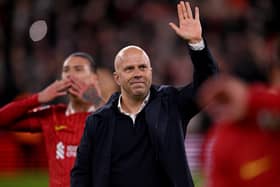  Arne Slot head coach of Liverpool showing his appreciation to the fans at the end of the Premier League match between Liverpool FC and Manchester City FC at Anfield on December 01, 2024 in Liverpool, England. (Photo by Andrew Powell/Liverpool FC via Getty Images)