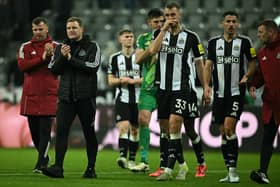 Newcastle United's English head coach Eddie Howe (2L) applauds the fans following the English Premier League football match between Newcastle United and Liverpool.  (Photo by PAUL ELLIS/AFP via Getty Images)