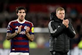 Sandro Tonali of Newcastle United and Eddie Howe, Manager of Newcastle United, applaud the fans following the Premier League match between Brentford and Newcastle United. (Photo by Richard Heathcote/Getty Images)