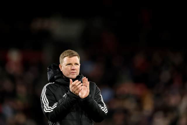 Eddie Howe, Manager of Newcastle United, applauds the fans following the Premier League match between Brentford FC and Newcastle United FC at Brentford Community Stadium on December 07, 2024 in Brentford, England. (Photo by Richard Heathcote/Getty Images)