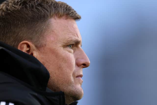 Eddie Howe, Manager of Newcastle United, looks on prior to the Premier League match between Brentford FC and Newcastle United FC at Brentford Community Stadium on December 07, 2024 in Brentford, England. (Photo by Richard Heathcote/Getty Images)