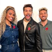 (L-R) I'm a Celebrity Unpacked hosts Kemi Rodgers, Joel Dommett and Sam Thompson. Photo: ITV