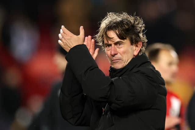 Thomas Frank, Manager of Brentford, applauds the fans following the Premier League match between Brentford and Newcastle United. (Photo by Richard Heathcote/Getty Images)