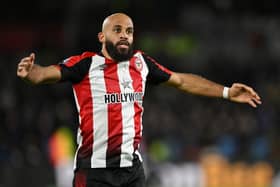 Bryan Mbeumo of Brentford whips up the home support during the Premier League match between Brentford and Newcastle United. (Photo by Mike Hewitt/Getty Images)