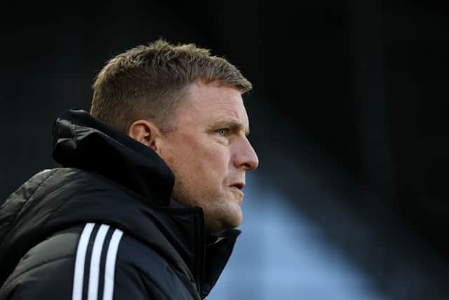 Newcastle manager Eddie Howe looks on during the Premier League match between Brentford and Newcastle United. (Photo by Richard Heathcote/Getty Images)