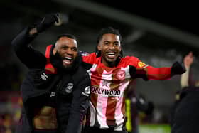 Igor Thiago and Paris Maghoma of Brentford celebrate victory following the Premier League match between Brentford FC and Newcastle United FC at Brentford Community Stadium on December 07, 2024 in Brentford, England. (Photo by Mike Hewitt/Getty Images)