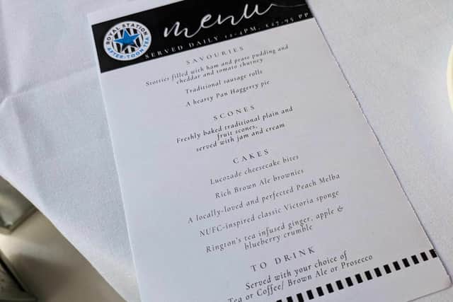 The menu for AfterToon Tea at the Royal Station Hotel in Newcastle.