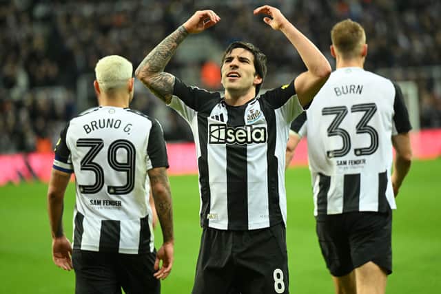 Sandro Tonali of Newcastle United celebrates scoring his team's second goal during the Carabao Cup Quarter Final match between Newcastle United and Brentford at St James' Park on December 18, 2024 in Newcastle upon Tyne, England. (Photo by Michael Regan/Getty Images)