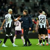 William Osula of Newcastle United shakes hands with Thomas Frank, Manager of Brentford, after the Carabao Cup Quarter Final match between Newcastle United and Brentford at St James' Park. (Photo by Michael Regan/Getty Images)