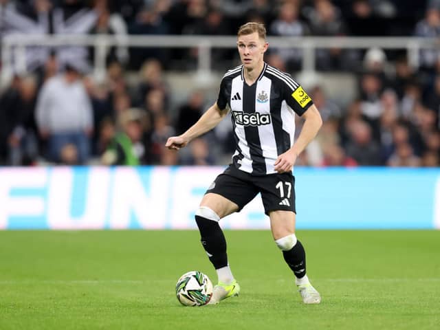 Emil Krafth of Newcastle United on the ball during the Carabao Cup Fourth Round match between Newcastle United and Chelsea at St James' Park on October 30, 2024 in Newcastle upon Tyne, England. (Photo by George Wood/Getty Images)