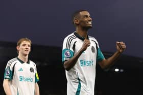 Alexander Isak of Newcastle United celebrates scoring his team's second goal during the Premier League match between Ipswich Town FC and Newcastle United FC at Portman Road on December 21, 2024 in Ipswich, England. (Photo by Paul Harding/Getty Images)