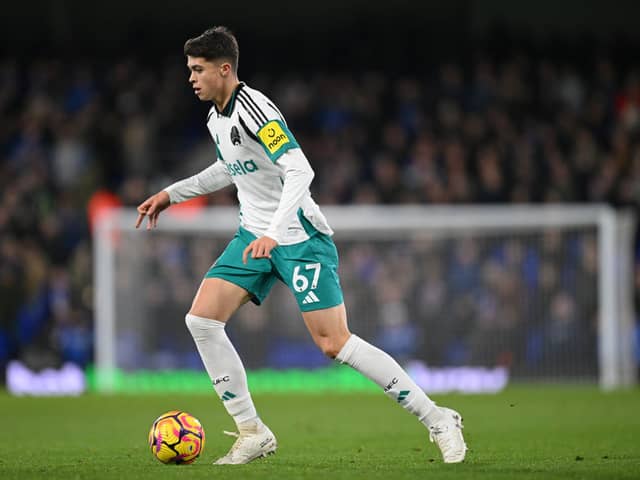 Lewis Miley of Newcastle in action during the Premier League match between Ipswich Town FC and Newcastle United FC at Portman Road on December 21, 2024 in Ipswich, England. (Photo by Michael Regan/Getty Images)
