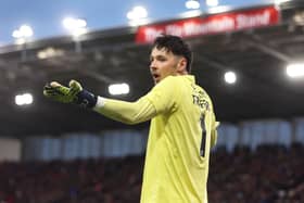Burnley goalkeeper James Trafford reacts during Championship match against Stoke City. (Photo by Nathan Stirk/Getty Images)
