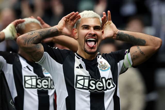Bruno Guimaraes of Newcastle United celebrates scoring his sides goal which is later disallowed during the Premier League match between Newcastle United FC and Aston Villa FC at St James' Park on December 26, 2024 in Newcastle upon Tyne, England. (Photo by Ian MacNicol/Getty Images)