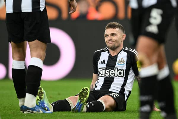 Kieran Trippier of Newcastle United reacts following an injury during the Premier League match between Newcastle United FC and Aston Villa FC at St James' Park on December 26, 2024 in Newcastle upon Tyne, England. (Photo by Stu Forster/Getty Images)