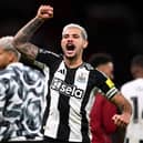 Bruno Guimaraes of Newcastle United celebrates at the end of the Premier League match between Manchester United FC and Newcastle United.. (Photo by Stu Forster/Getty Images)