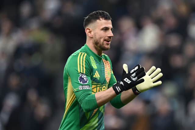Newcastle United goalkeeper Martin Dubravka celebrates after the third goal during the Premier League match between Newcastle United FC and Aston Villa FC. (Photo by Stu Forster/Getty Images)