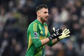 Newcastle United goalkeeper Martin Dubravka celebrates after the third goal during the Premier League match between Newcastle United FC and Aston Villa FC. (Photo by Stu Forster/Getty Images)