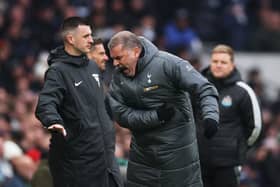 Ange Postecoglou, Manager of Tottenham Hotspur, reacts during the Premier League match between Tottenham Hotspur FC and Newcastle United FC at Tottenham Hotspur Stadium on January 04, 2025 in London, England. (Photo by Alex Pantling/Getty Images)