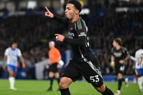 Ethan Nwaneri celebrates scoring Arsenal's goal during the Premier League match between Brighton & Hove Albion FC and Arsenal FC at Amex Stadium on January 04, 2025 in Brighton, England.