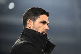 Mikel Arteta, Manager of Arsenal, looks on during the Premier League match between Brighton & Hove Albion FC and Arsenal FC at Amex Stadium on January 04, 2025 in Brighton, England. (Photo by David Price/Arsenal FC via Getty Images)