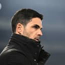 Mikel Arteta, Manager of Arsenal, looks on during the Premier League match between Brighton & Hove Albion FC and Arsenal FC at Amex Stadium on January 04, 2025 in Brighton, England. (Photo by David Price/Arsenal FC via Getty Images)