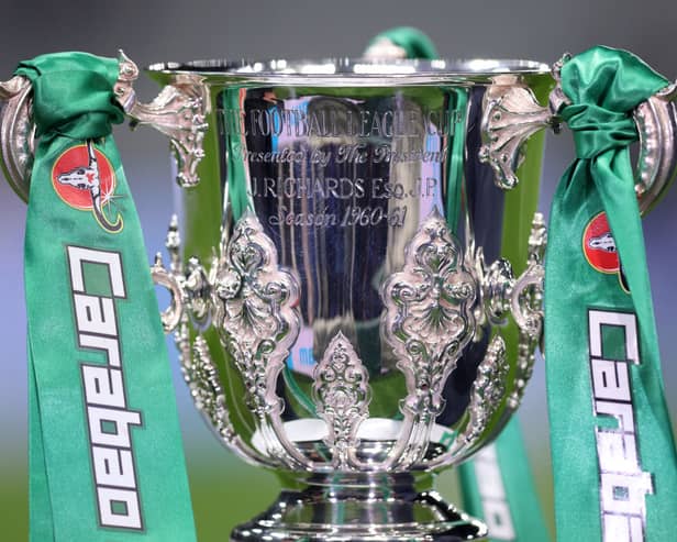 A general view of the Carabao Cup trophy prior to the Carabao Cup Quarter Final match between Newcastle United and Leicester City at St James' Park on January 10, 2023 in Newcastle upon Tyne, England.