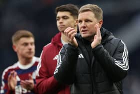 Newcastle United's Eddie Howe applauds fans on the pitch after the English Premier League football match between Tottenham Hotspur and Newcastle United at the Tottenham Hotspur Stadium in London, on January 4, 2025. Newcastle won the game 2-1. (Photo by Adrian Dennis / AFP) 