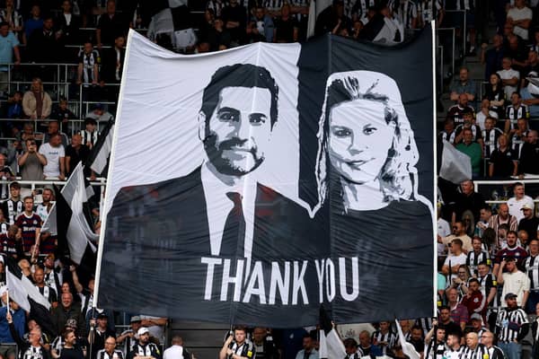 Fans of Newcastle United show their thanks to co-owners Mehrdad Ghodoussi and Amanda Staveley with a flag prior to the Premier League match between Newcastle United FC and Southampton FC at St James' Park on August 17, 2024 in Newcastle upon Tyne, England.