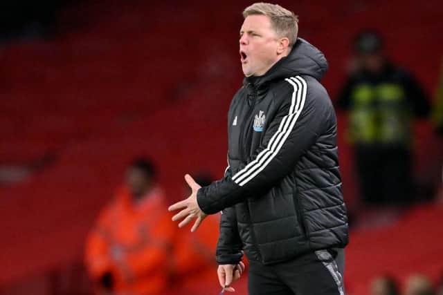 Newcastle United's English head coach Eddie Howe reacts during the English League Cup semi-final first leg football match between Arsenal and Newcastle United at the Emirates Stadium, in London on January 7, 2025. (Photo by Glyn KIRK / AFP)