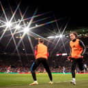 Alvaro Fernandez Carreras of Manchester United warms up during the Premier League match between Manchester United and Chelsea at Old Trafford on April 28, 2022 in Manchester, United Kingdom. 