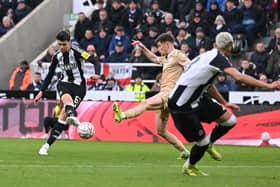 Lewis Miley of Newcastle United scores his team's first goal during the Emirates FA Cup Third Round match between Newcastle United and Bromley at St James' Park on January 12, 2025 in Newcastle upon Tyne, England. (Photo by Stu Forster/Getty Images)