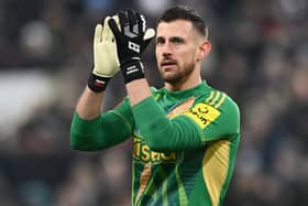 Newcastle United goalkeeper Martin Dubravka applauds the Newcastle fans  during the Emirates FA Cup Third Round match between Newcastle United and Bromley at St James' Park on January 12, 2025 in Newcastle upon Tyne, England. (Photo by Stu Forster/Getty Images)