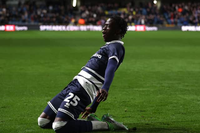 Romain Esse of Millwall celebrates scoring the first goal during the Sky Bet Championship match between Millwall FC and Plymouth Argyle FC at The Den.. (Photo by Warren Little/Getty Images)