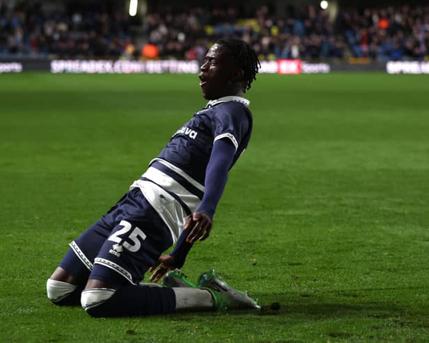 Romain Esse of Millwall celebrates scoring the first goal during the Sky Bet Championship match between Millwall FC and Plymouth Argyle FC at The Den.. (Photo by Warren Little/Getty Images)