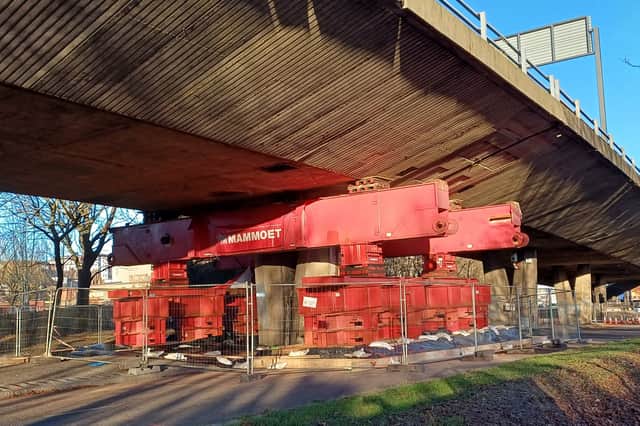 The temporary support installed beneath the Gateshead Flyover after its closure in December 2024. Photo: Gateshead Council.