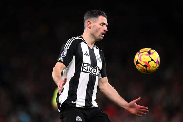 Newcastle United player Fabian Schar in action during the Premier League match between Manchester United FC and Newcastle United FC at Old Trafford on December 30, 2024 in Manchester, England. (Photo by Stu Forster/Getty Images)