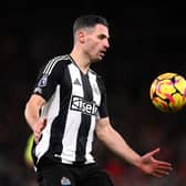 Newcastle United player Fabian Schar in action during the Premier League match between Manchester United FC and Newcastle United FC at Old Trafford on December 30, 2024 in Manchester, England. (Photo by Stu Forster/Getty Images)
