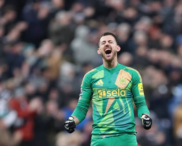 Martin Dubravka of Newcastle United celebrates during the Premier League match between Newcastle United FC and Wolverhampton Wanderers FC at St James' Park. (Photo by Naomi Baker/Getty Images)