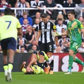 Fabian Schar of Newcastle United clashes with Ben Brereton Diaz of Southampton leading to him being shown a red card during the Premier League match between Newcastle United and Southampton. (Photo by Stu Forster/Getty Images)
