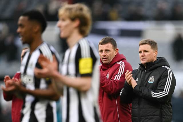 Newcastle United's English head coach Eddie Howe (R) applauds at the end of the English Premier League football match between Newcastle United and Bournemouth at St James' Park in Newcastle-upon-Tyne, north east England on January 18, 2025. Bournemouth wins 4 - 1 against Newcastle United. (Photo by Oli SCARFF / AFP)