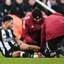 Newcastle United's English midfielder #23 Jacob Murphy receives medical attention during the English Premier League football match between Newcastle United and Bournemouth at St James' Park.  (Photo by OLI SCARFF/AFP via Getty Images)