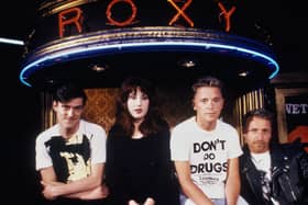 Stephen Morris, Gillian Gilbert, Bernard Sumner, and Peter Hook, of the band New Order, at the Roxy, London, 1986. 