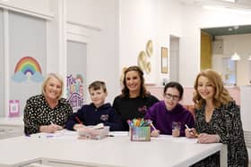 Newcastle Airport Chief Sustainability & Communications Officer, Alice Andreasen and  Newcastle Airport Chief People Officer, Lynn Perry, along with True Colours founder and CEO Alisar Taylor at their theatre school in Wallsend.