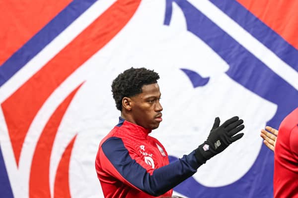 Lille's Canadian forward #09 Jonathan David arrives for the French L1 football match between Lille LOSC and OGC Nice at Stade Pierre-Mauroy in Villeneuve-d'Ascq. (Photo by Sameer Al-DOUMY / AFP) (Photo by SAMEER AL-DOUMY/AFP via Getty Images)