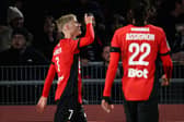 Rennes' Danish midfielder #07 Albert Gronbaek (L) celebrates after scoring Rennes' first goal during the French L1 football match between Stade Rennais FC and Angers SCO. (Photo by Loic VENANCE / AFP)